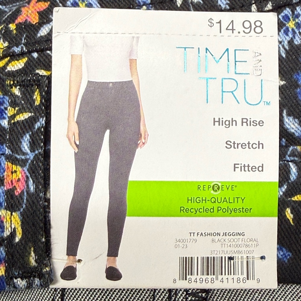 Time And Tru size XS Women’s Black Blue Floral High Rise Jeggings Leggings NWT - Picture 6 of 8